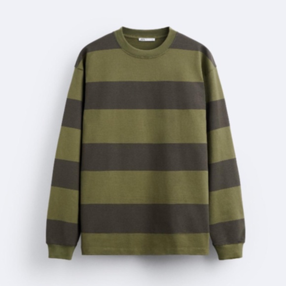 Zara khaki and green 100% cotton wide stripes heavy weight long sleeve tee NWT - Picture 1 of 6